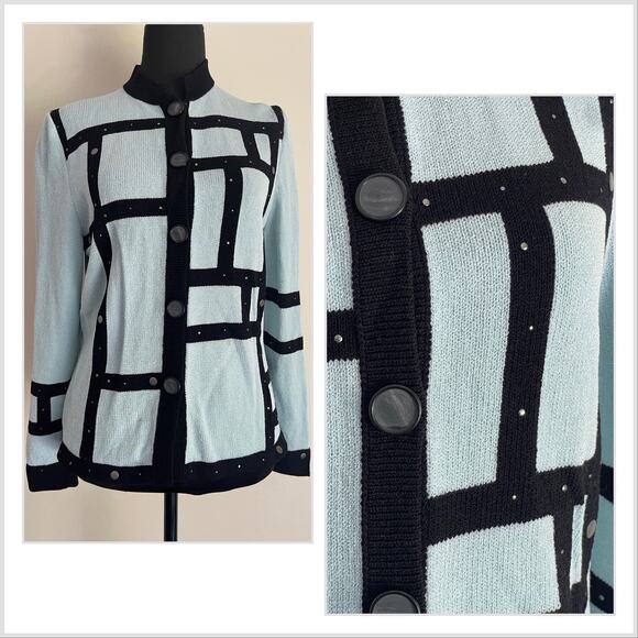 J.S.S knit ware jacket med blue / black womans vintage wool blend button up - Picture 1 of 11